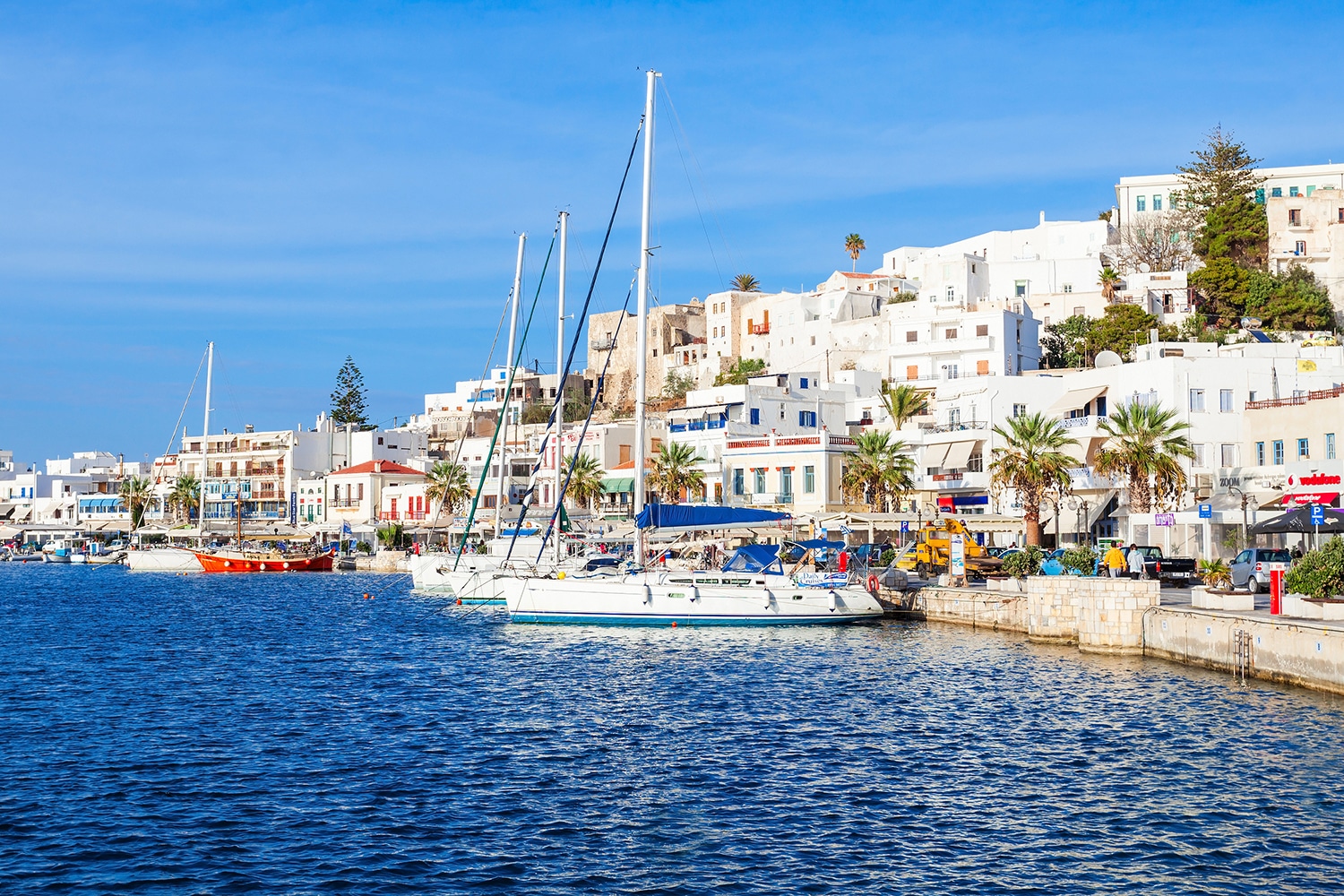 NAXOS ISLAND, GREECE - OCTOBER 23, 2016: Port with boats in Naxos Chora town, Naxos Island in Greece