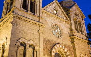 Twilight view of the Basilica of St Francis in Santa Fe, New Mexico