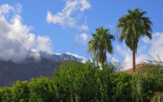 View on San Jacinto Mountains near Palm Springs with snow at peaks.