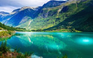 Beautiful view of Norway's azure fjords and emerald mountain landscape