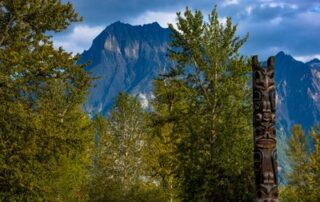 View of carved totem pole in British Columbia wilderness - Women Travel Adventure Tours