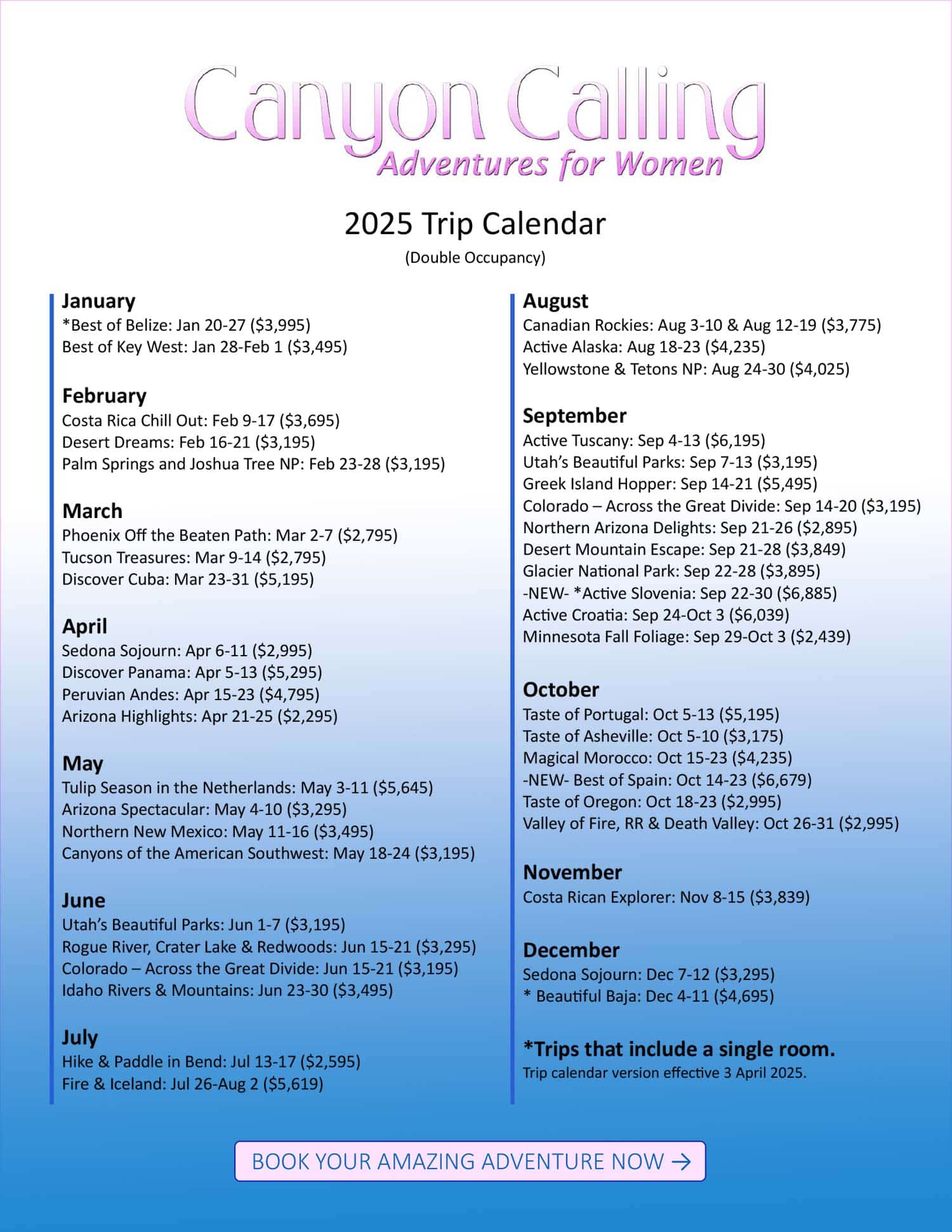 Canyon Calling Trip Calendar 2025