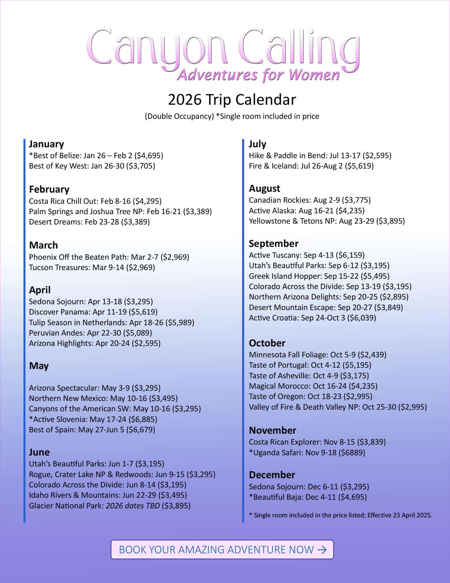 Canyon Calling Trip Calendar for 2026