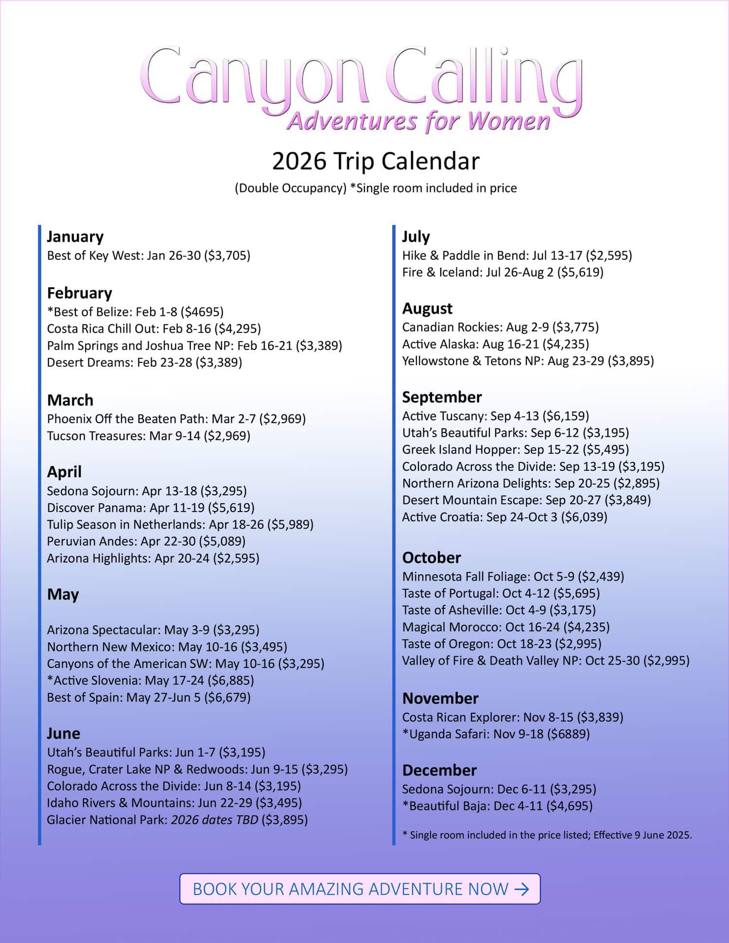 Canyon Calling Trip Calendar for 2026